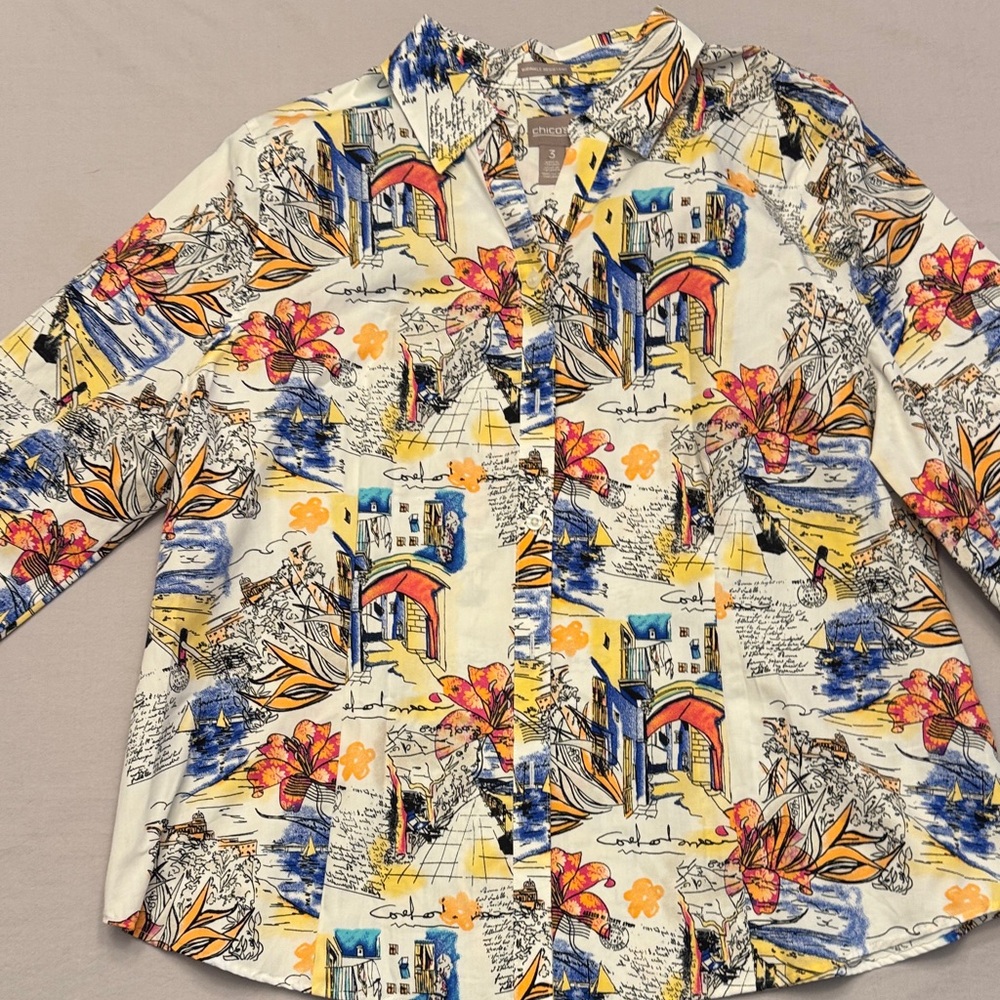 Chico's Vibrant Artistic - Blue, Yellow, Orange wrinkle resistant travel Blouse